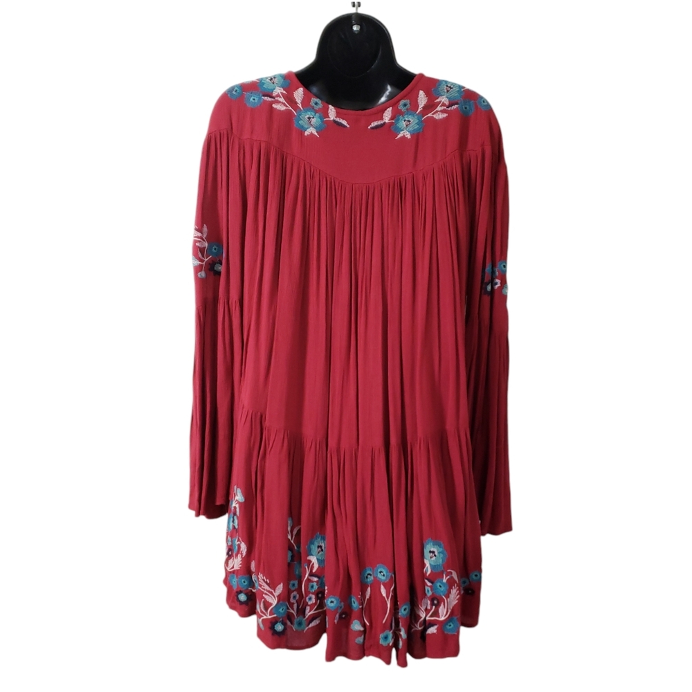 Free People Te Amo Red Floral Embroidered Babydoll Dress XS Boho Peasant Flowy - Picture 7 of 13